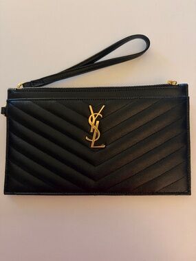 Yves Saint Laurent Black Quilted Leather Wristlet with Gold YSL Emblem